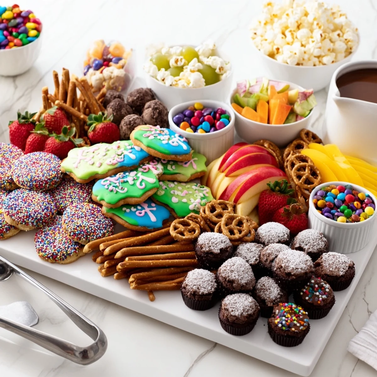 A colorful dessert board featuring themed snacks and sweet treats for gatherings.