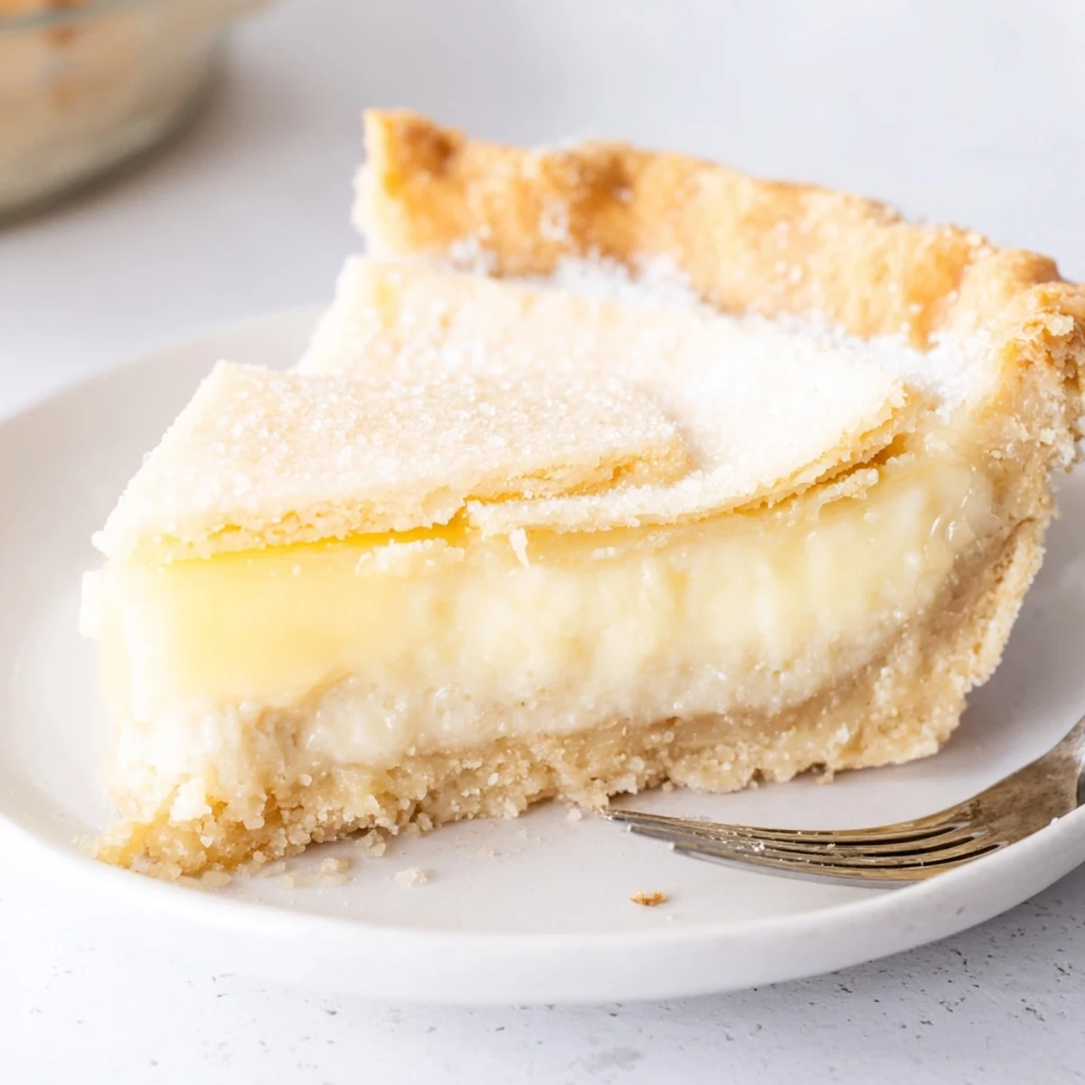 Slice of water pie with a delicate custard filling, ideal served warm with berries.