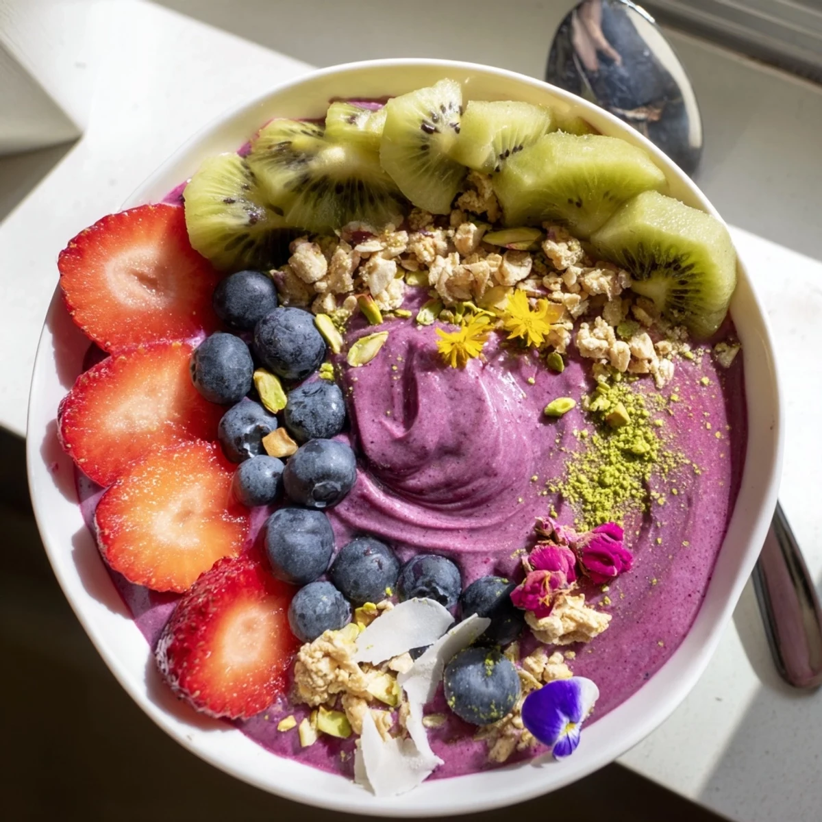 Vibrant smoothie bowls with unexpected twists topped with fresh fruits and crunchy toppings.  