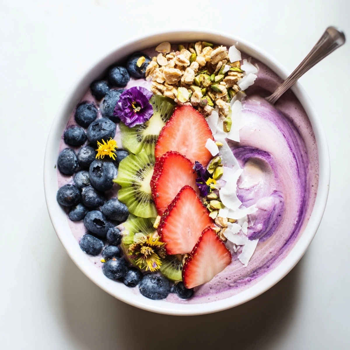 Delightful smoothie bowl showcasing vibrant layers of flavor, fruits, and crunchy granola topping.