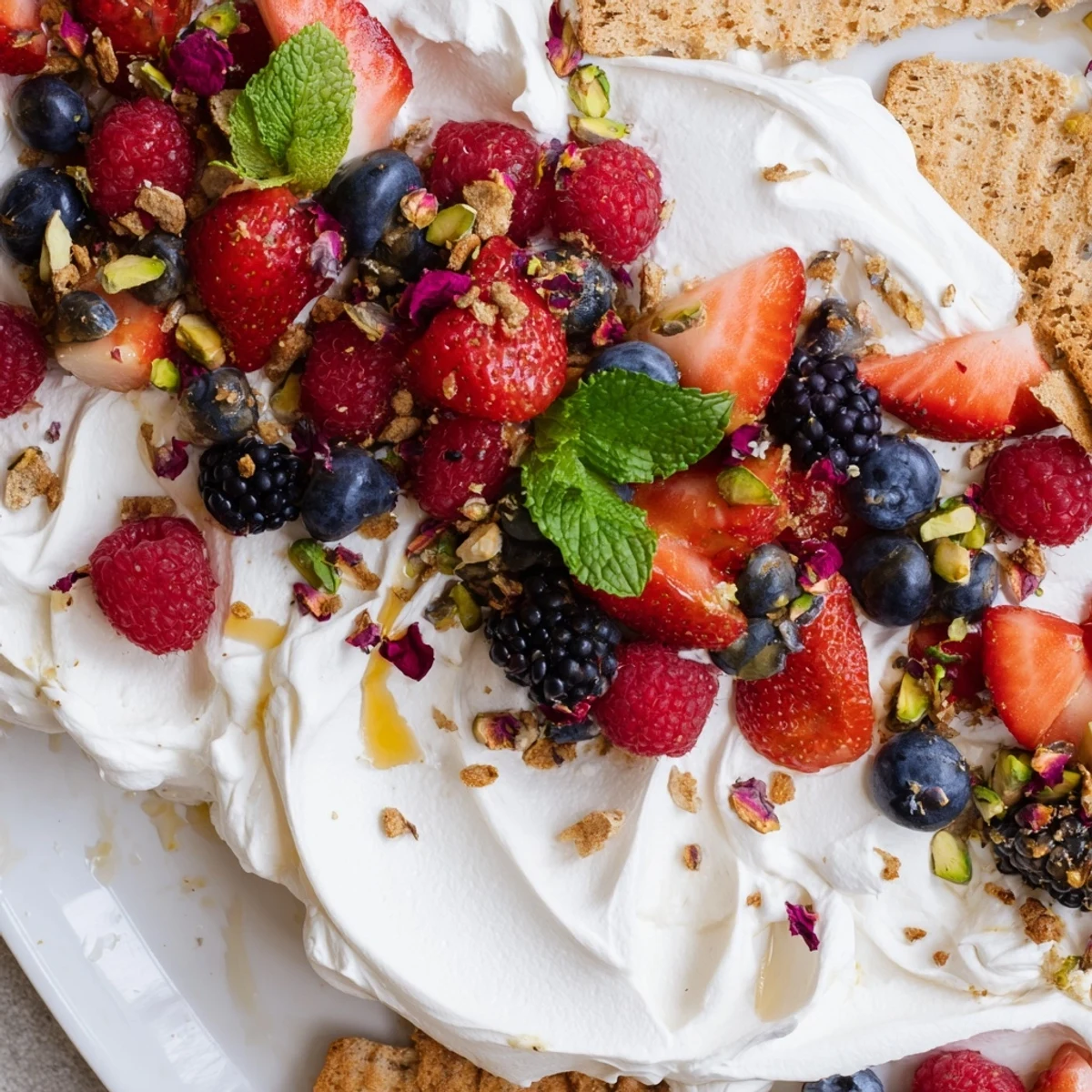 Creamy butter board dessert topped with fresh berries, nuts, and chocolate chips.  