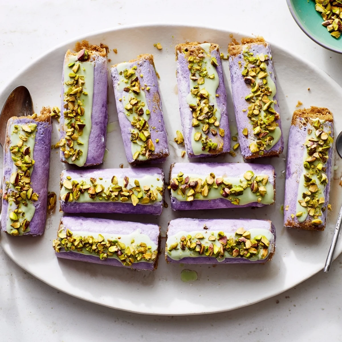Creamy ube and pistachio ice cream bars, a vibrant summer dessert delight.