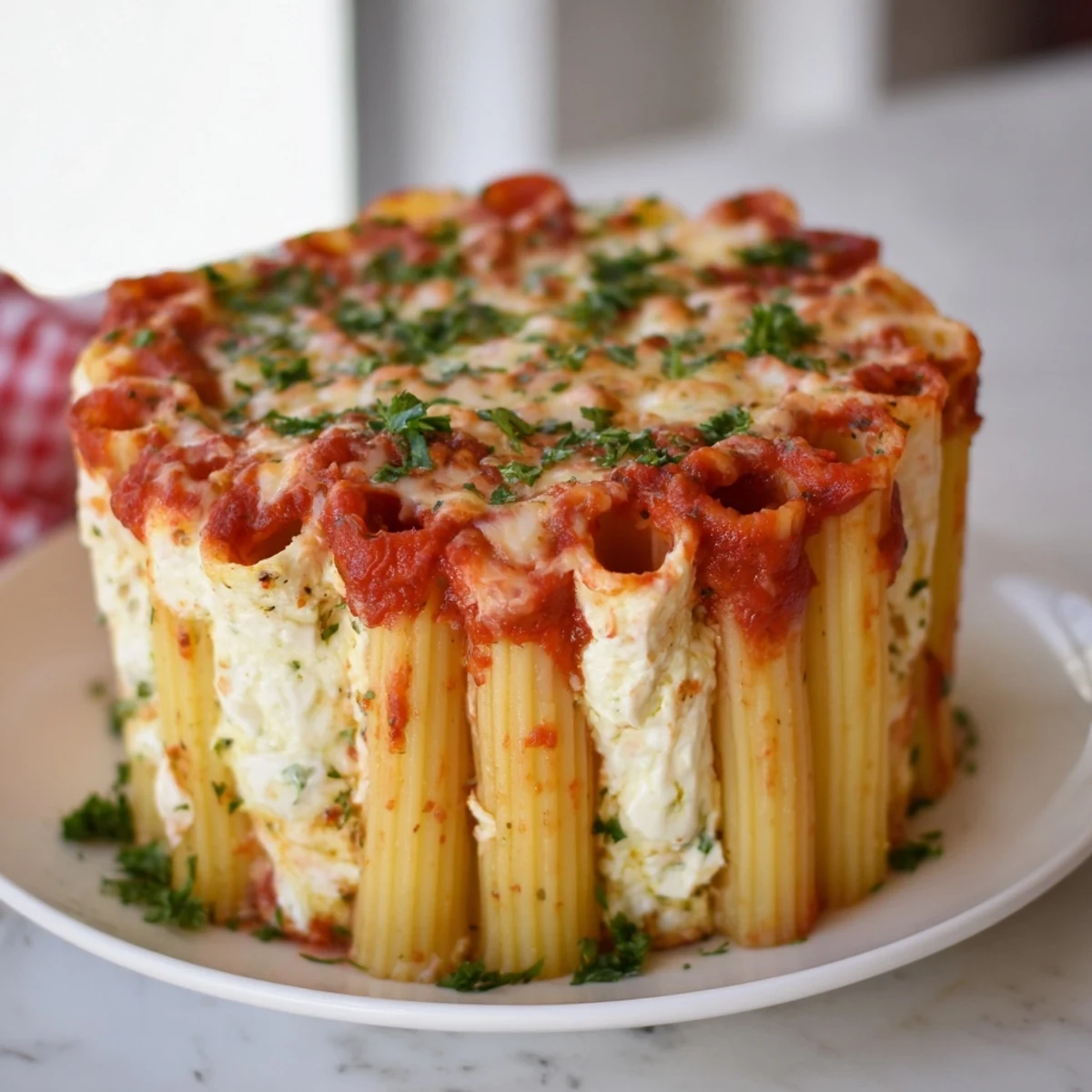 Stunning Honeycomb Pasta Cake featuring upright rigatoni, creamy ricotta, and vibrant herbs.  