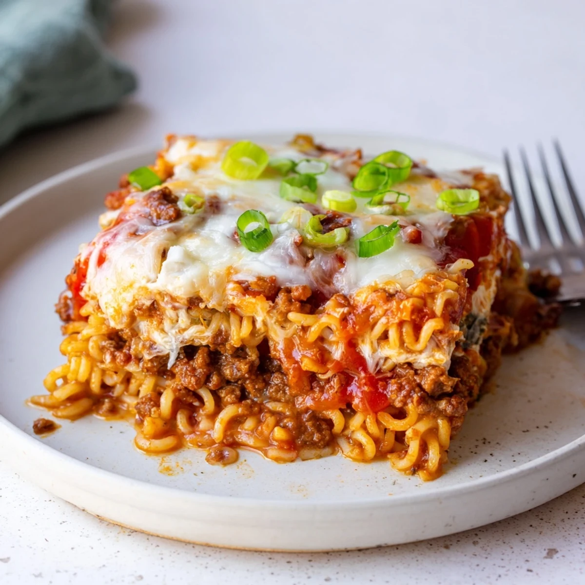 Spicy Ramen Lasagna layered with creamy cheese and zesty ground pork delightfully steams.  