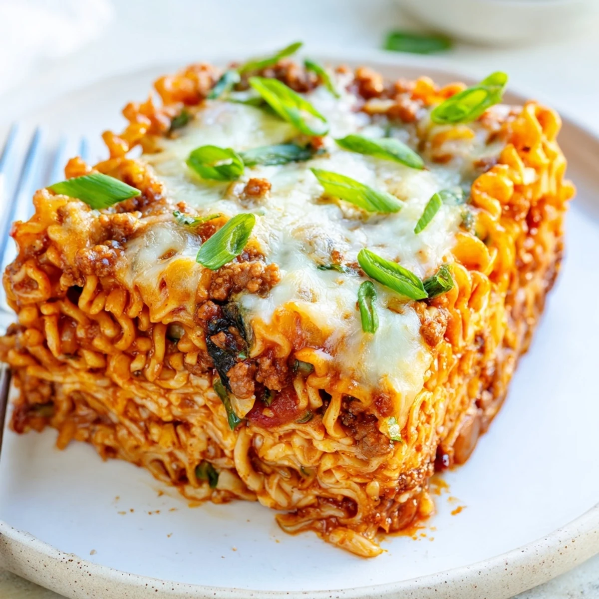 Comforting Spicy Ramen Lasagna garnished with green onions, bursting with rich flavor.  