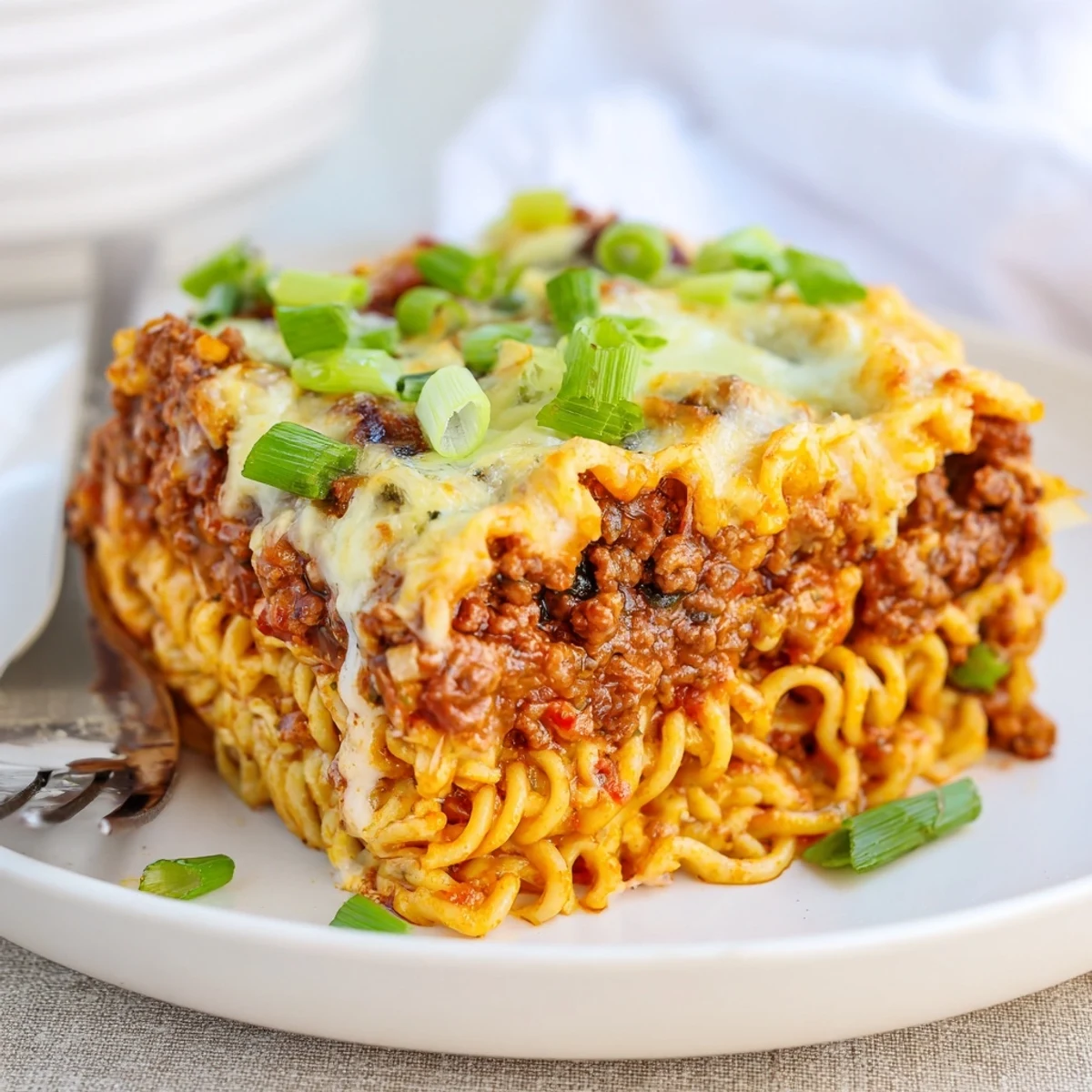 Vibrant Spicy Ramen Lasagna showcases bold spices and melty cheese in every savory bite.