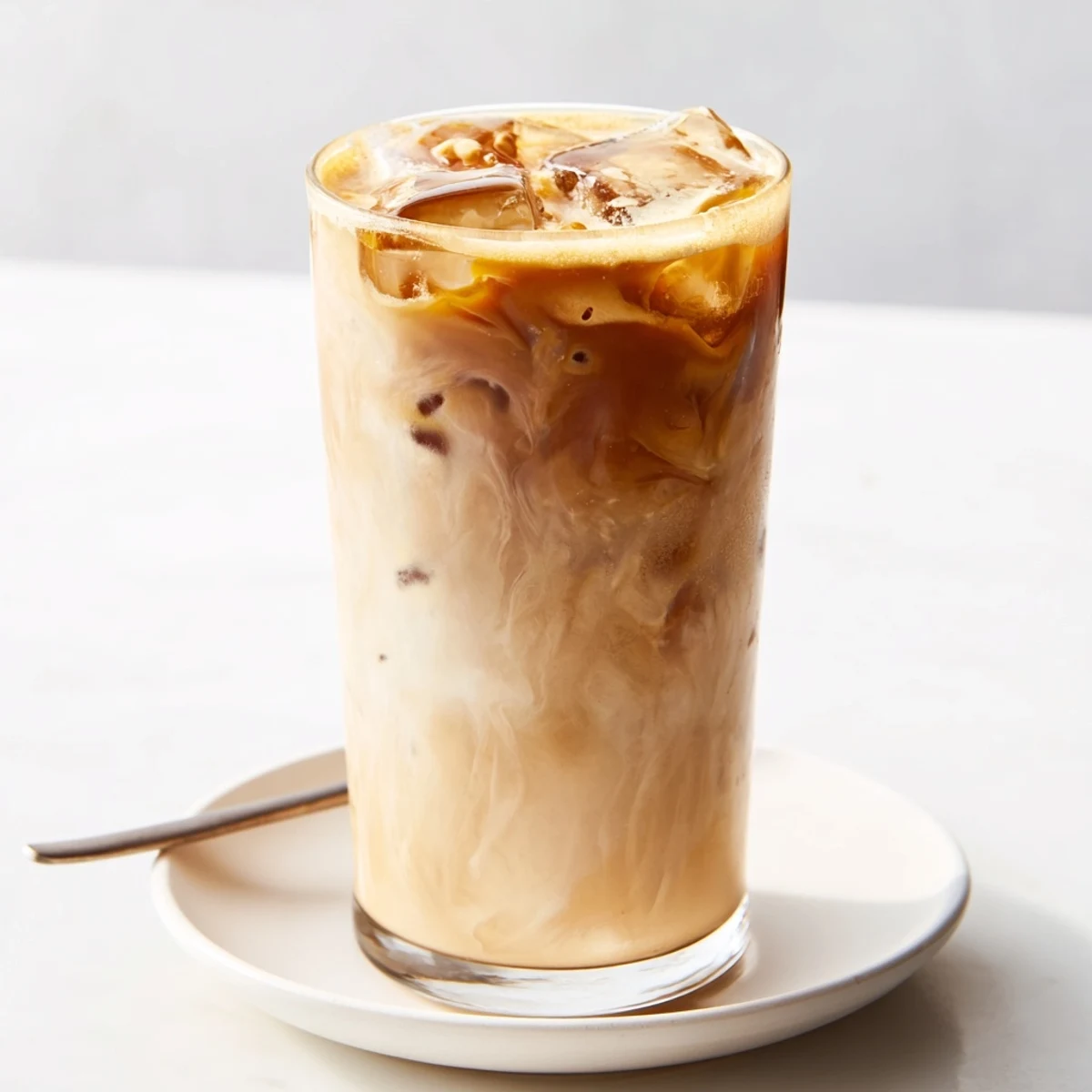 Creamy tahini iced coffee topped with plant-based milk and ice cubes.