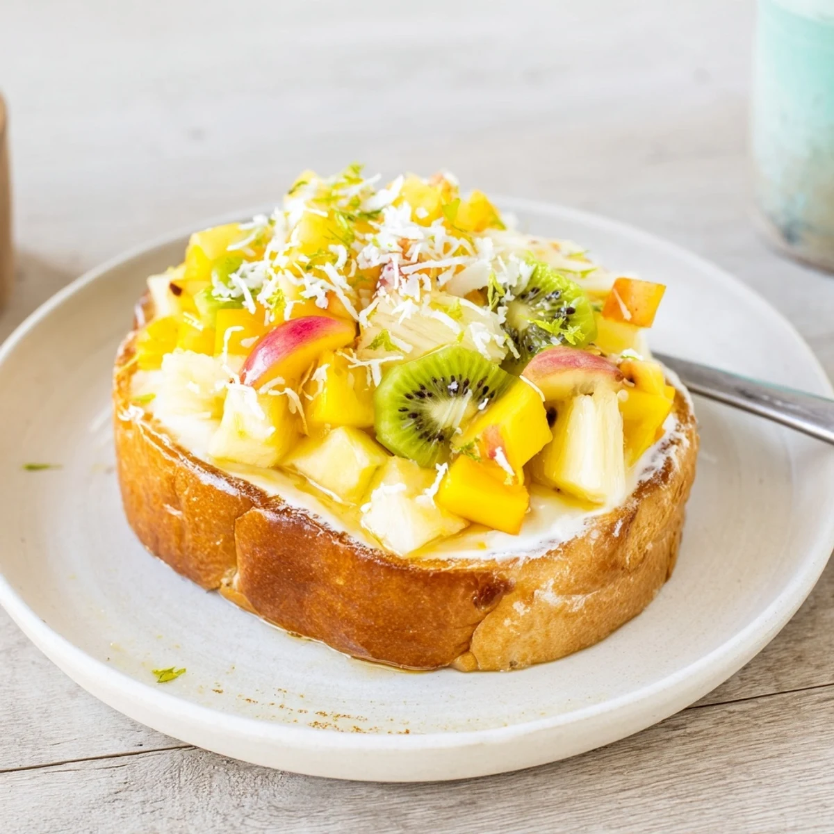 Vibrant Yogurt-Custard Toast 2.0 topped with fresh mango and kiwi slices.  