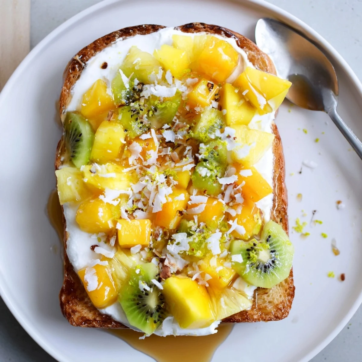Golden brown Yogurt-Custard Toast 2.0 adorned with shredded coconut and lime zest.