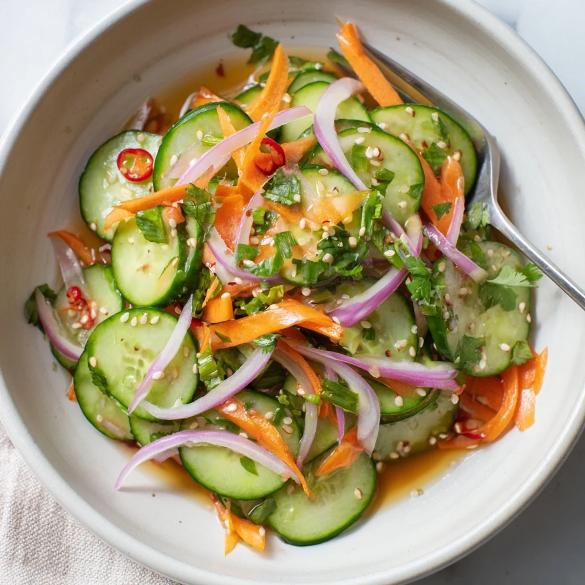 Colorful cucumber salad remix garnished with sesame seeds for a delicious appetizer.
