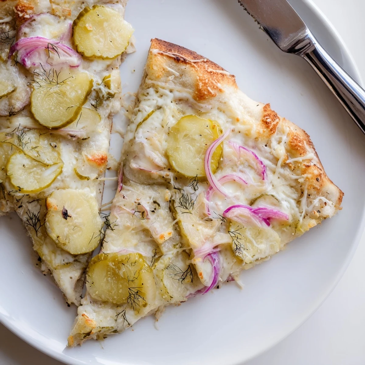 Flavorful Pickle Pizza drizzled with crème fraîche and aromatic dill, perfect for sharing.  