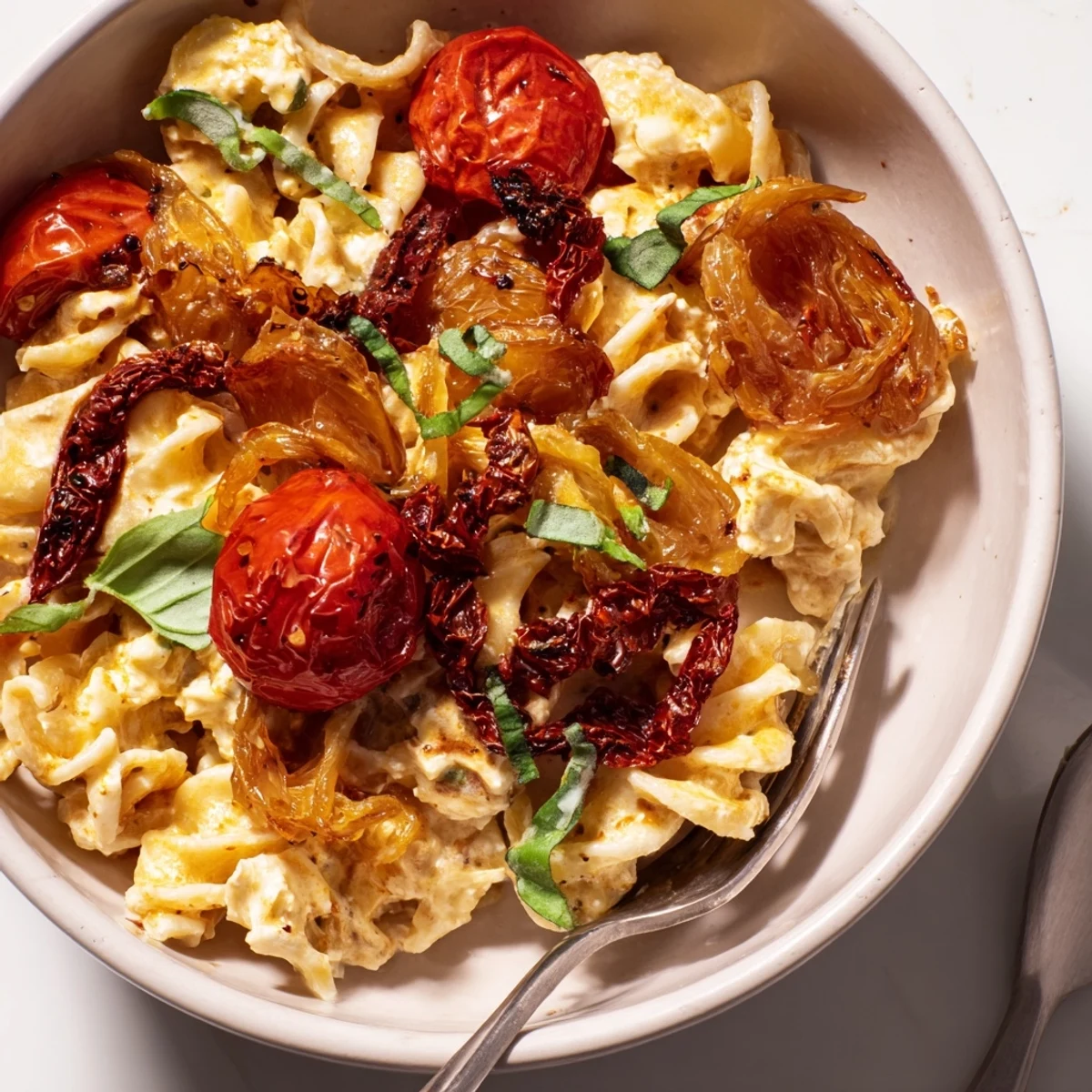 Creamy Baked Feta Pasta 2.0 with caramelized onions and sun-dried tomatoes. 