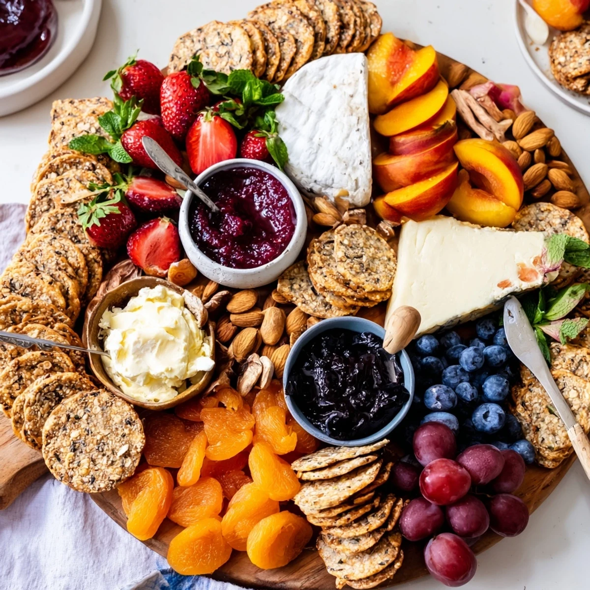 Jam-infused brunch board featuring colorful jams, cheeses, and fresh fruits for gatherings.  