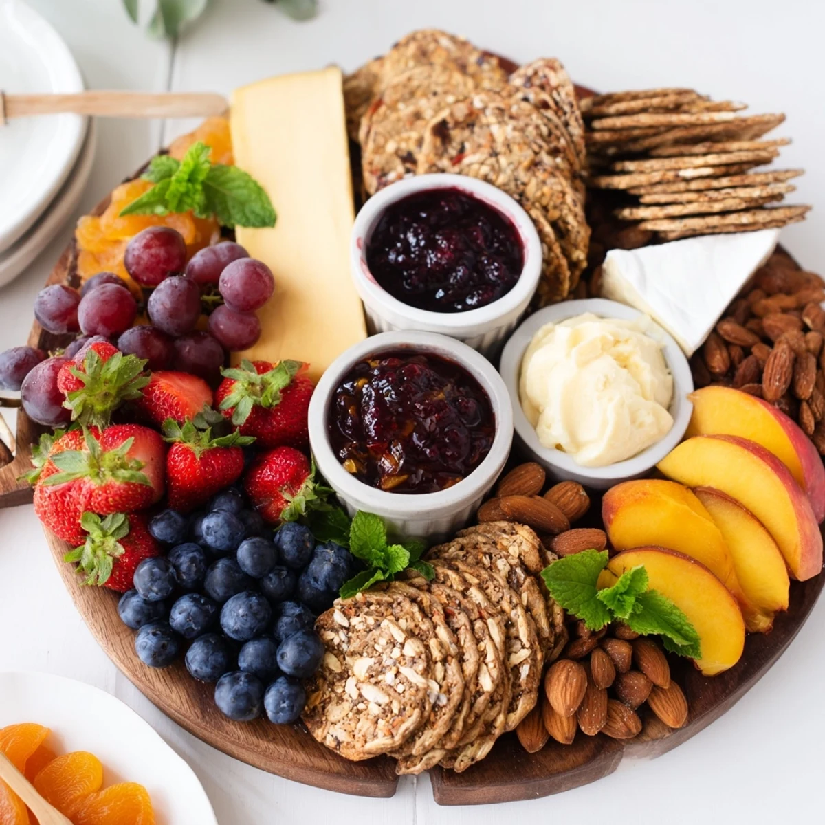 Deliciously arranged jam-infused brunch board with fresh strawberries, creamy cheeses, and crunchy nuts.