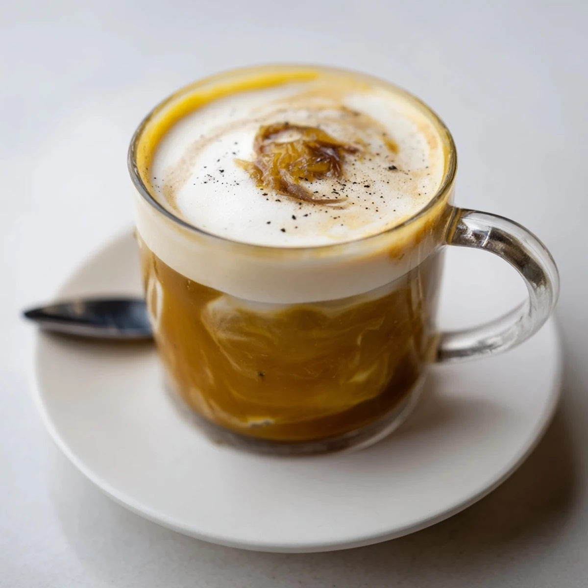 Creamy Onion Latte topped with frothy milk and caramelized onion sweetness.  
