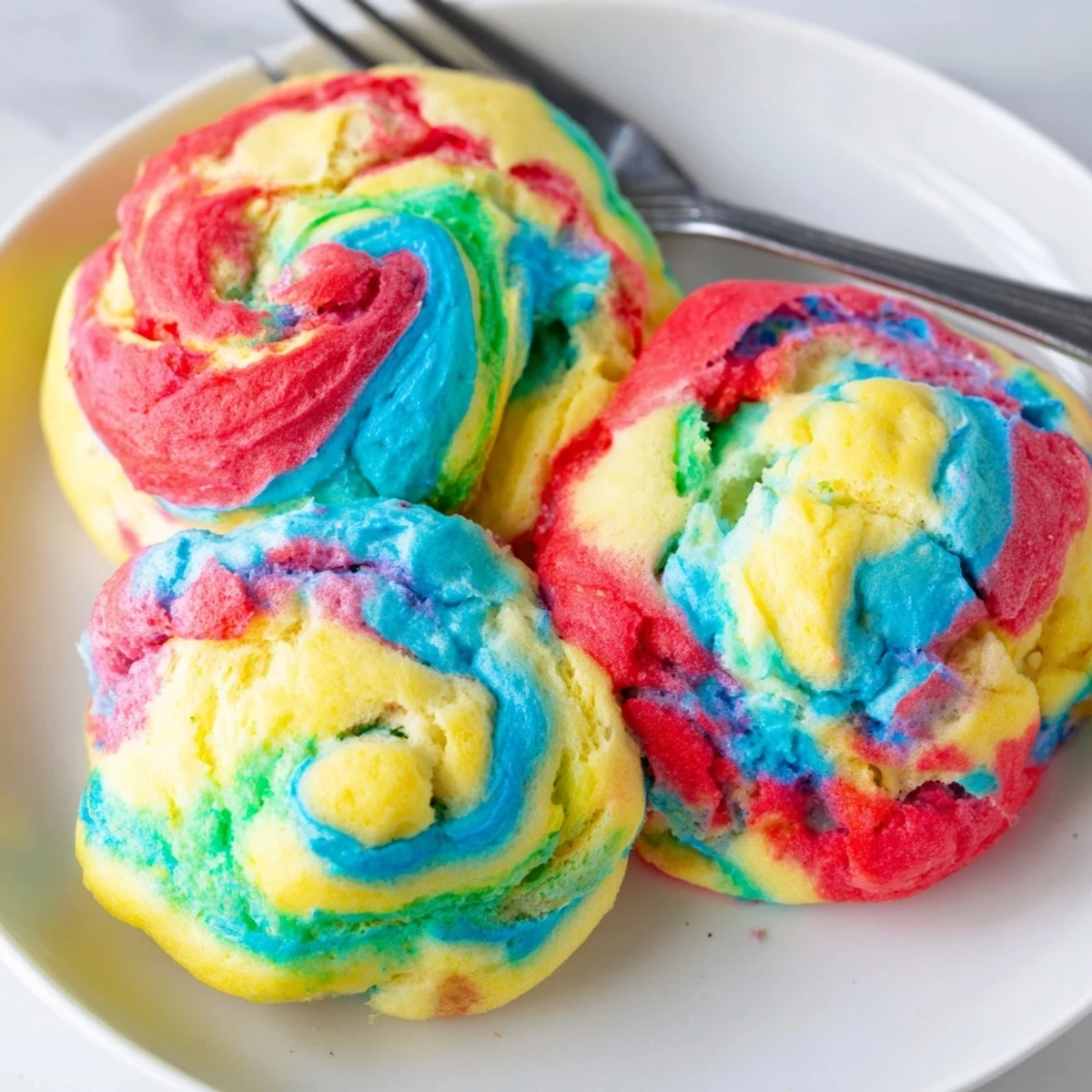Fluffy cloud bread in vibrant rainbow colors, perfect for festive breakfast gatherings.  