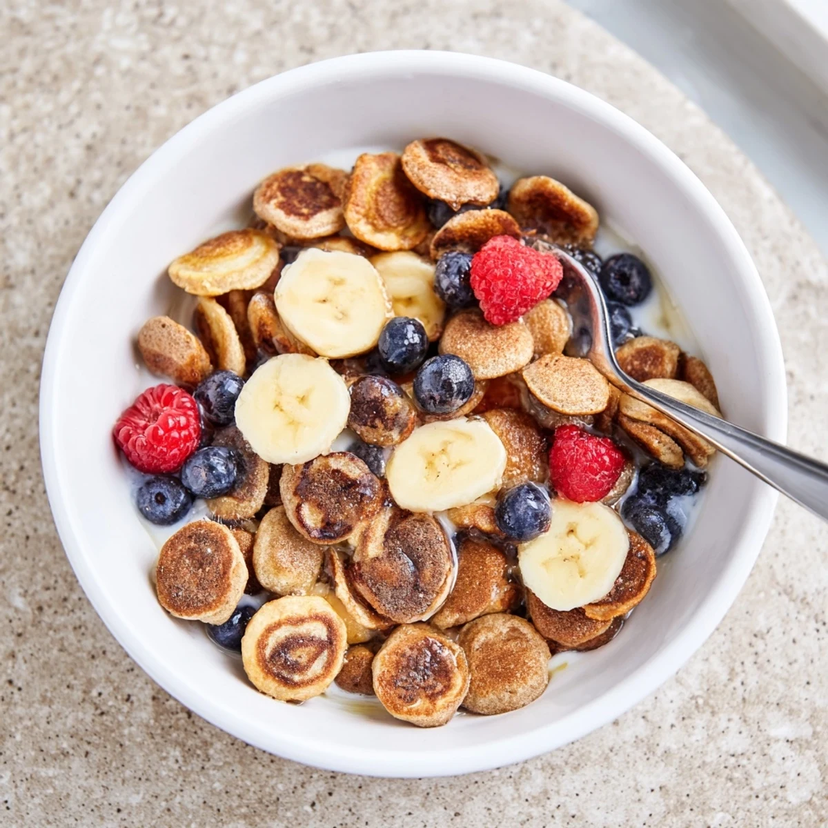 Golden-brown mini pancakes, perfect for breakfast, served in a bowl with milk.  