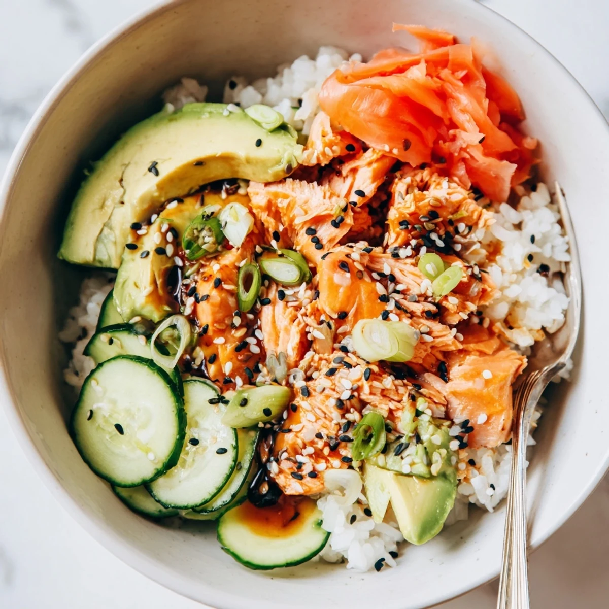 Delicious leftover salmon and rice bowl, featuring colorful toppings and sesame seeds.  