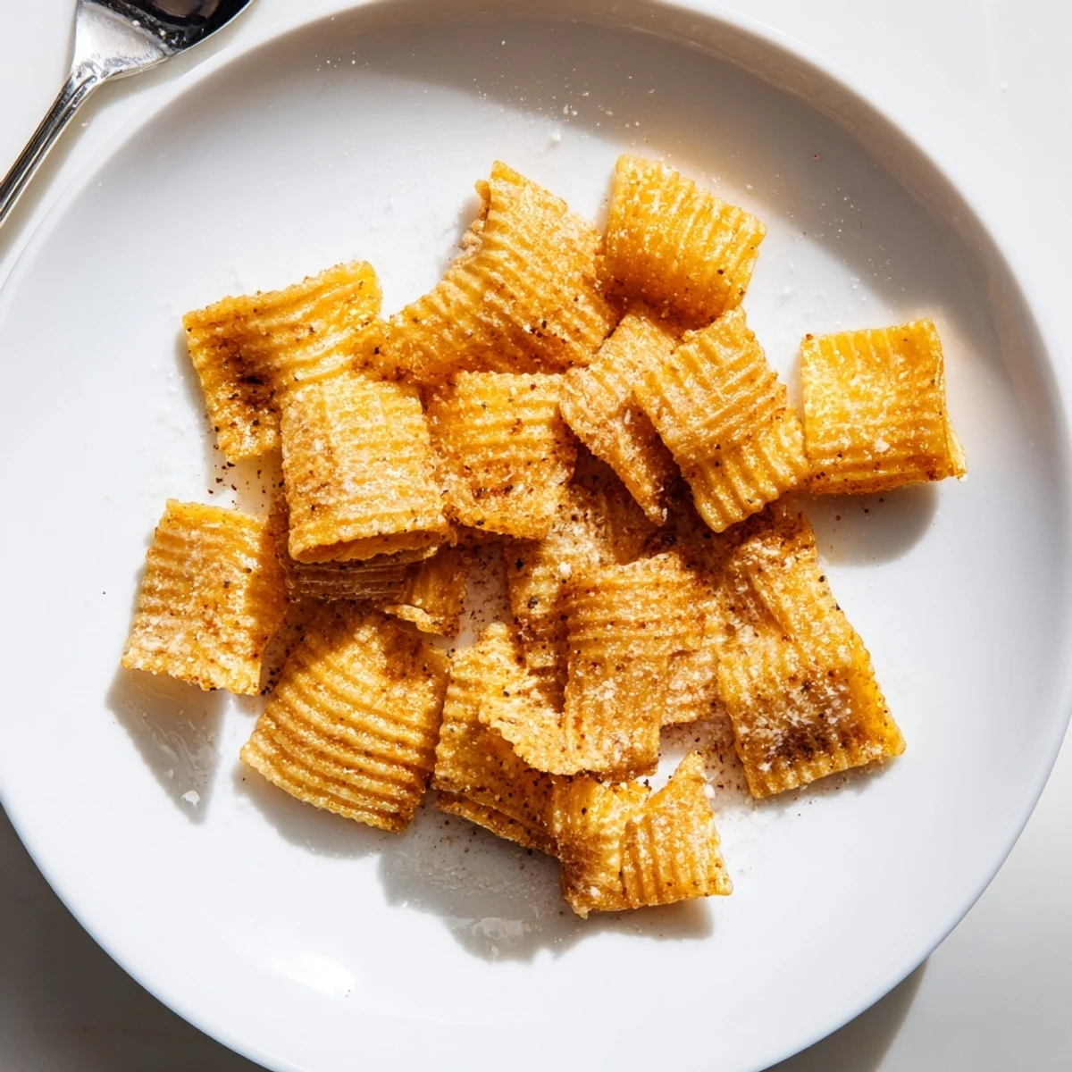 Crispy pasta chips seasoned with garlic and smoked paprika, perfect for dipping.  