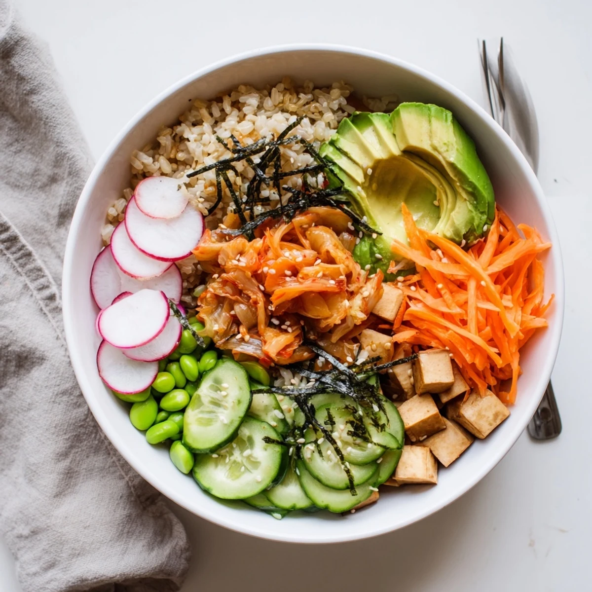 A colorful fermented vegetable bowl with spicy kimchi and fresh greens.  