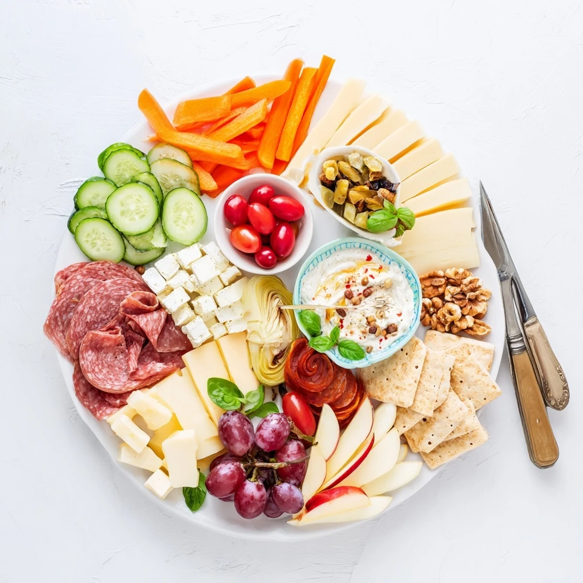 A vibrant Girl Dinner Platter showcasing cheeses, fruits, and colorful veggies for sharing.  