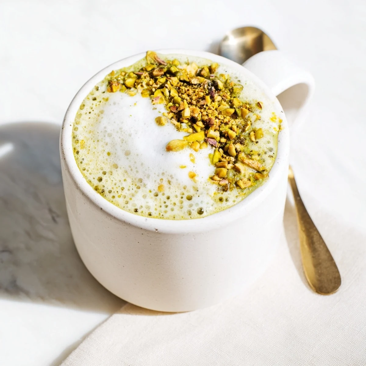 Warm pistachio milk latte with espresso and frothy topping, ideal for relaxed afternoons.
