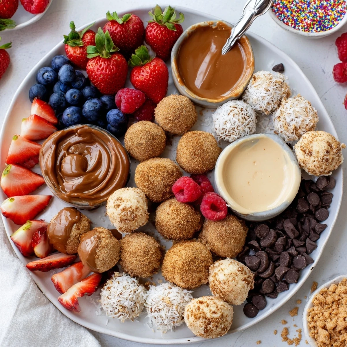 Creamy cheesecake bites adorned with fresh berries and drizzled caramel sauce.  