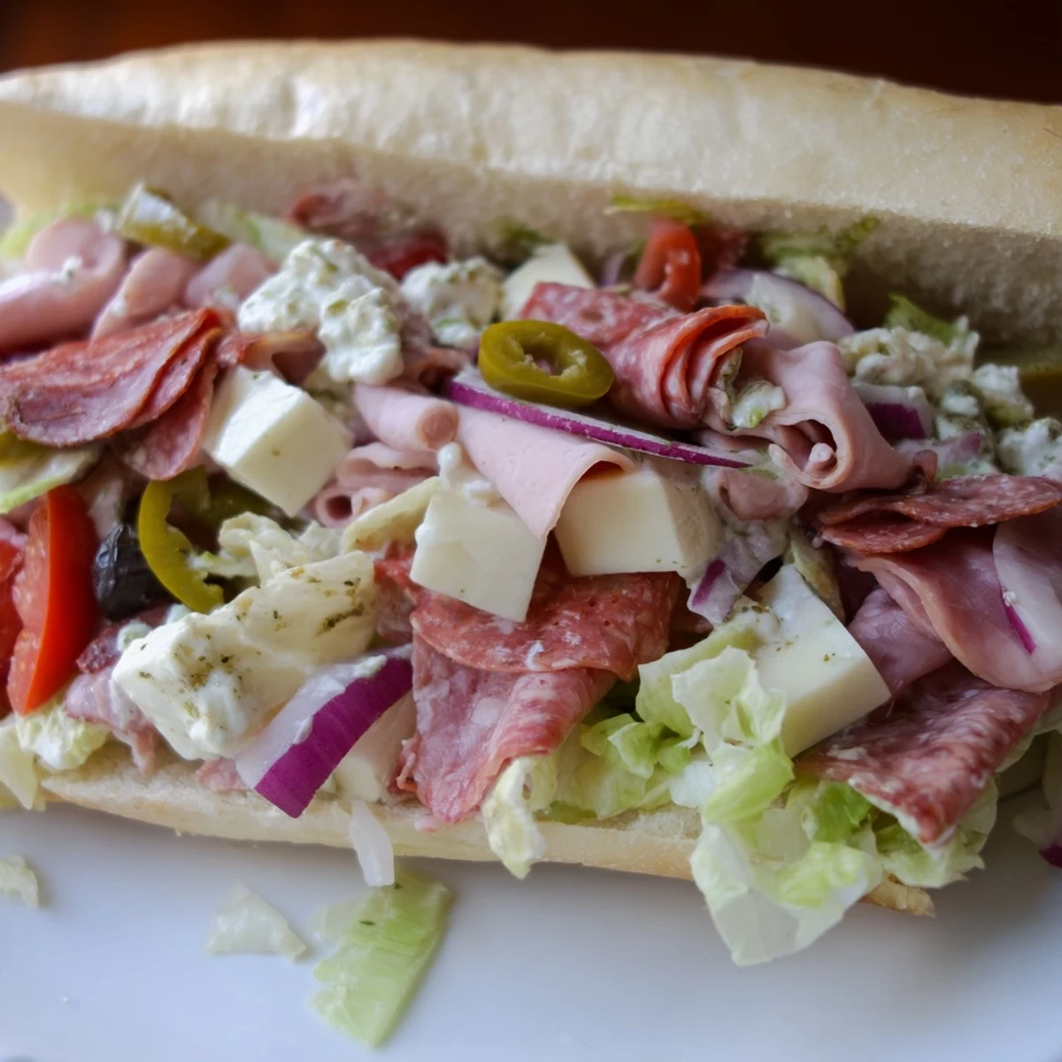 A vibrant Flavor Mash-Up Sandwich, overflowing with fresh veggies and savory meats.  