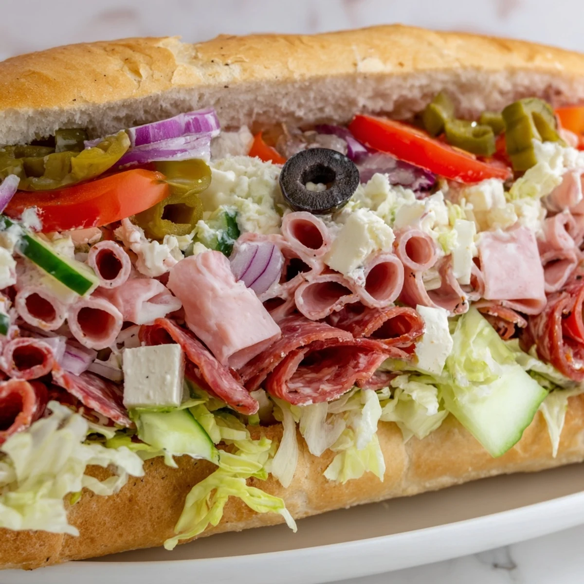 Delicious Flavor Mash-Up Sandwich, featuring Italian meats and colorful garden-fresh toppings.  