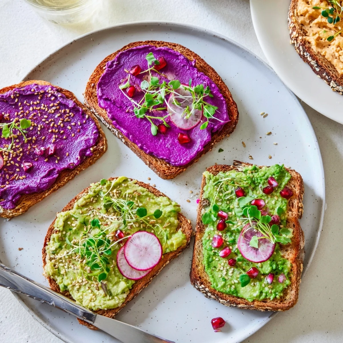 Vibrant Bright & Bold Breakfast Toasts topped with creamy ube and avocado layers.  