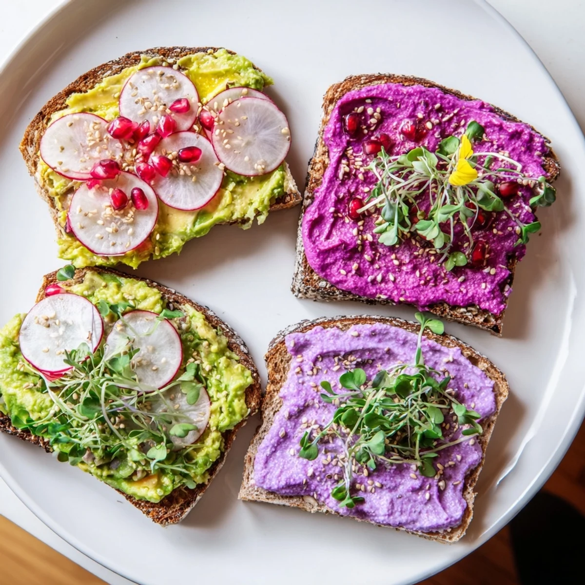 Delicious Bright & Bold Breakfast Toasts adorned with radishes and microgreens for flavor.