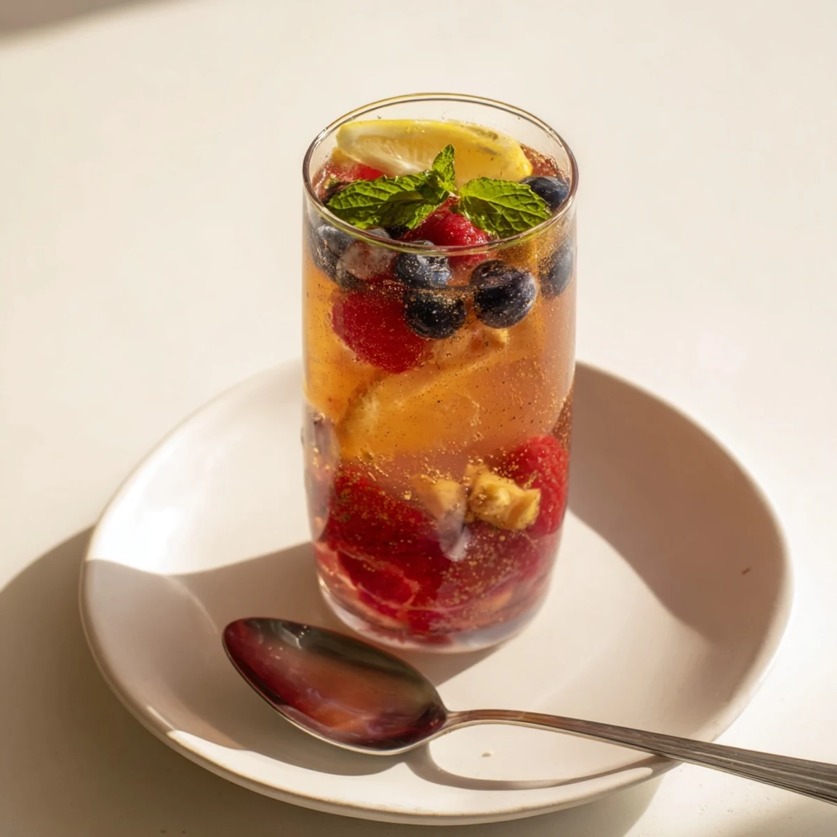 Refreshing kombucha-style mocktails, boasting colorful berries and aromatic herbs in clear bottles.  