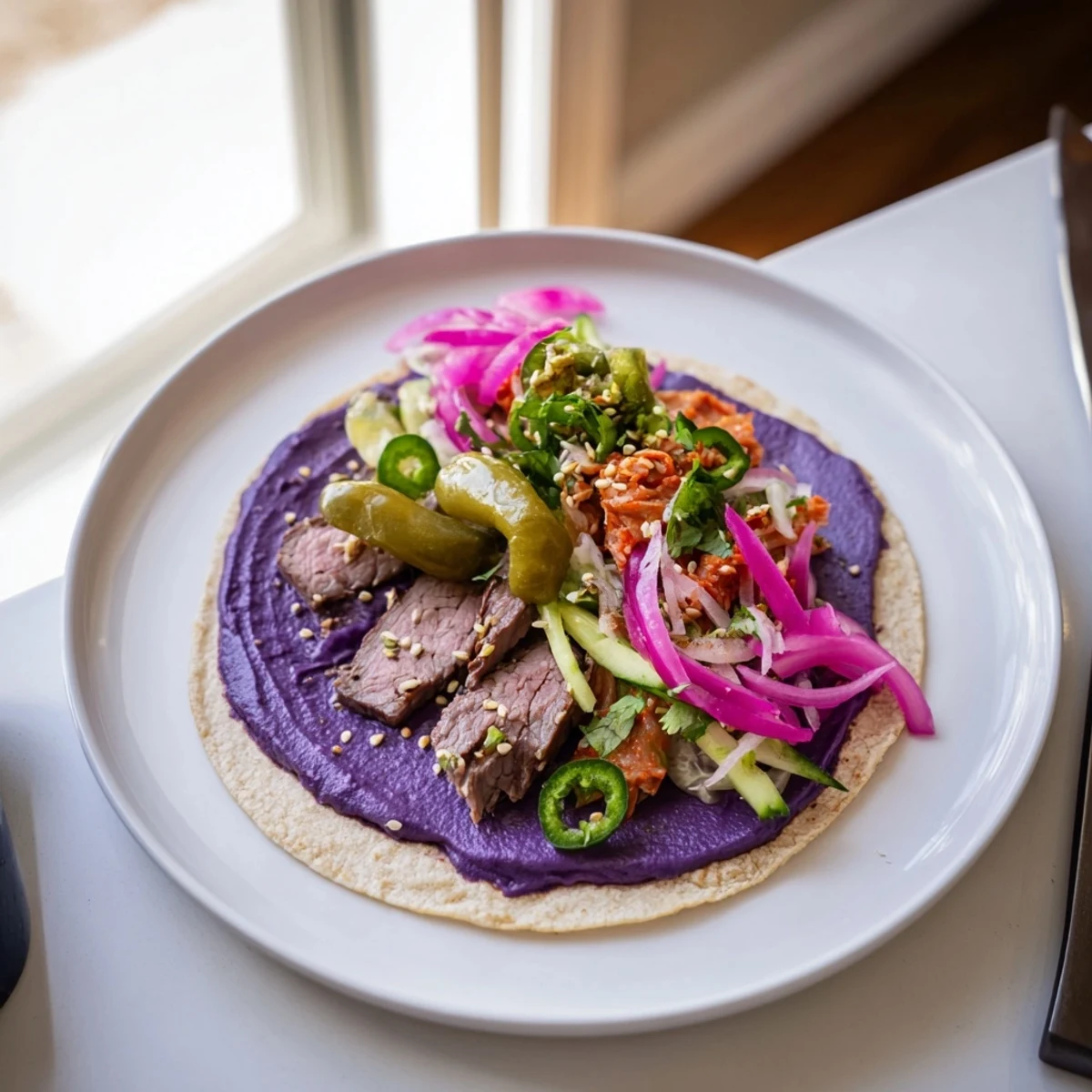 Vibrant Global Street-Food Fusion Tacos topped with colorful kimchi and ube crema.  