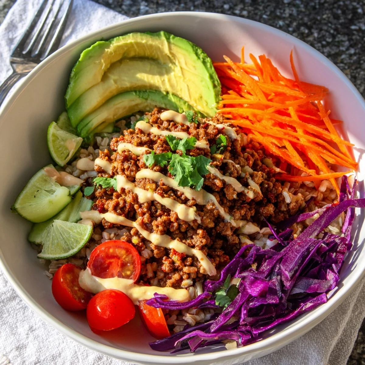 Colorful plant-based meat bowl topped with fresh veggies and lime wedges.  