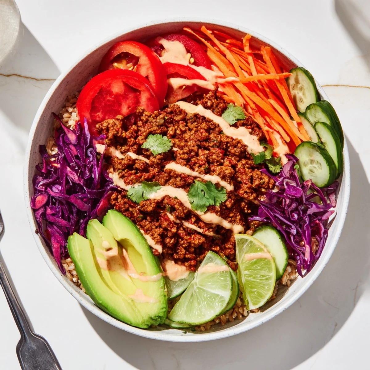 Vegan plant-based meat bowl bursting with flavors, vegetables, and creamy sauce.