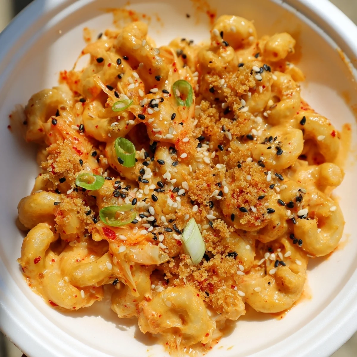 Creamy Spicy Kimchi Mac & Cheese topped with crunchy sesame for a delicious twist.  