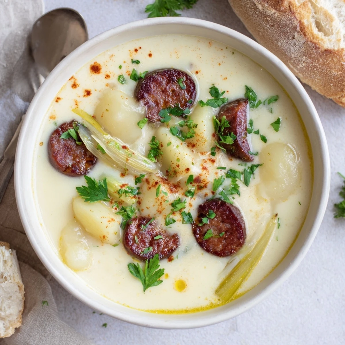 Creamy Potato, Leek & Chorizo Soup Bowl served with crusty bread and fresh parsley.  