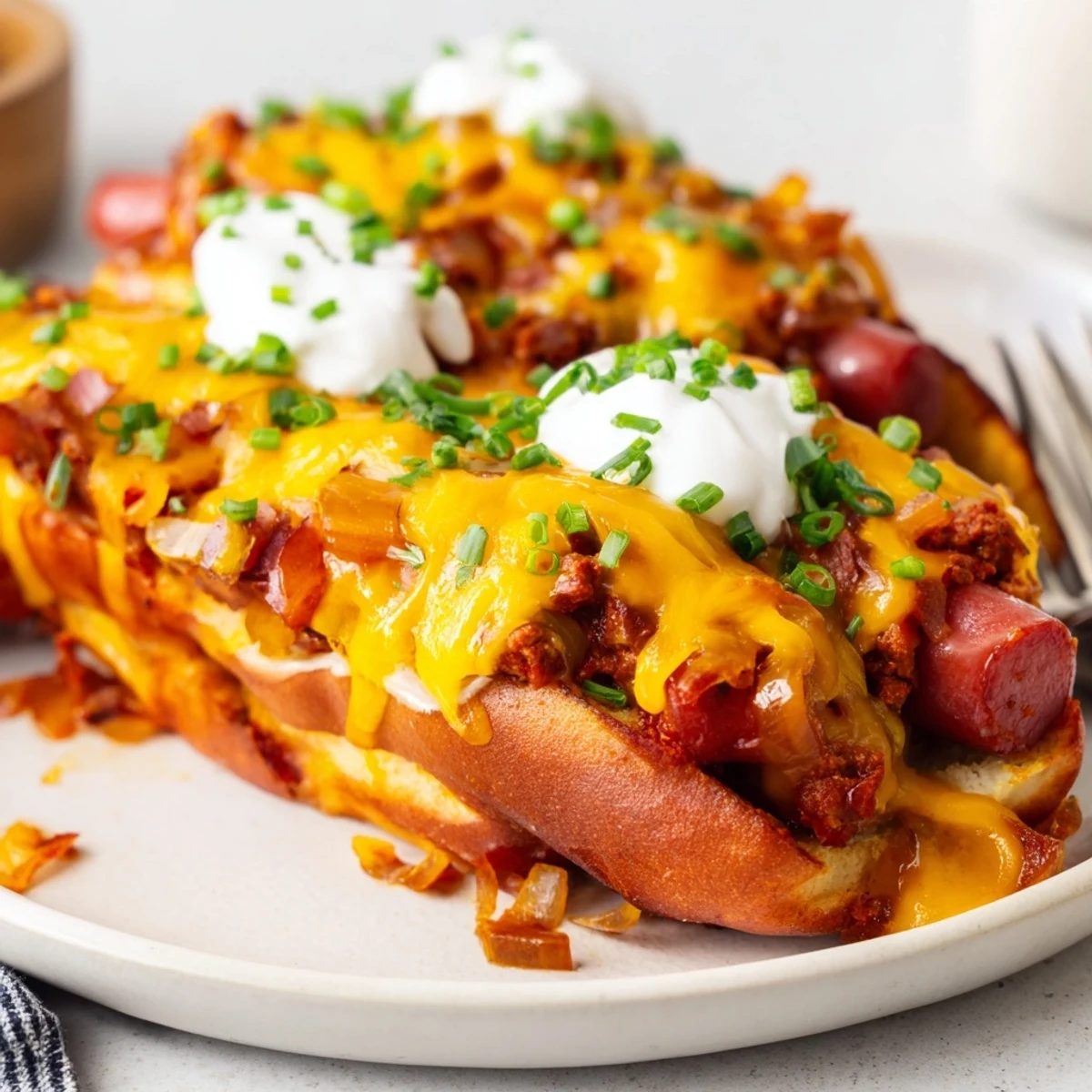 A delicious Chili Dog Casserole topped with melted cheese and savory toppings.  