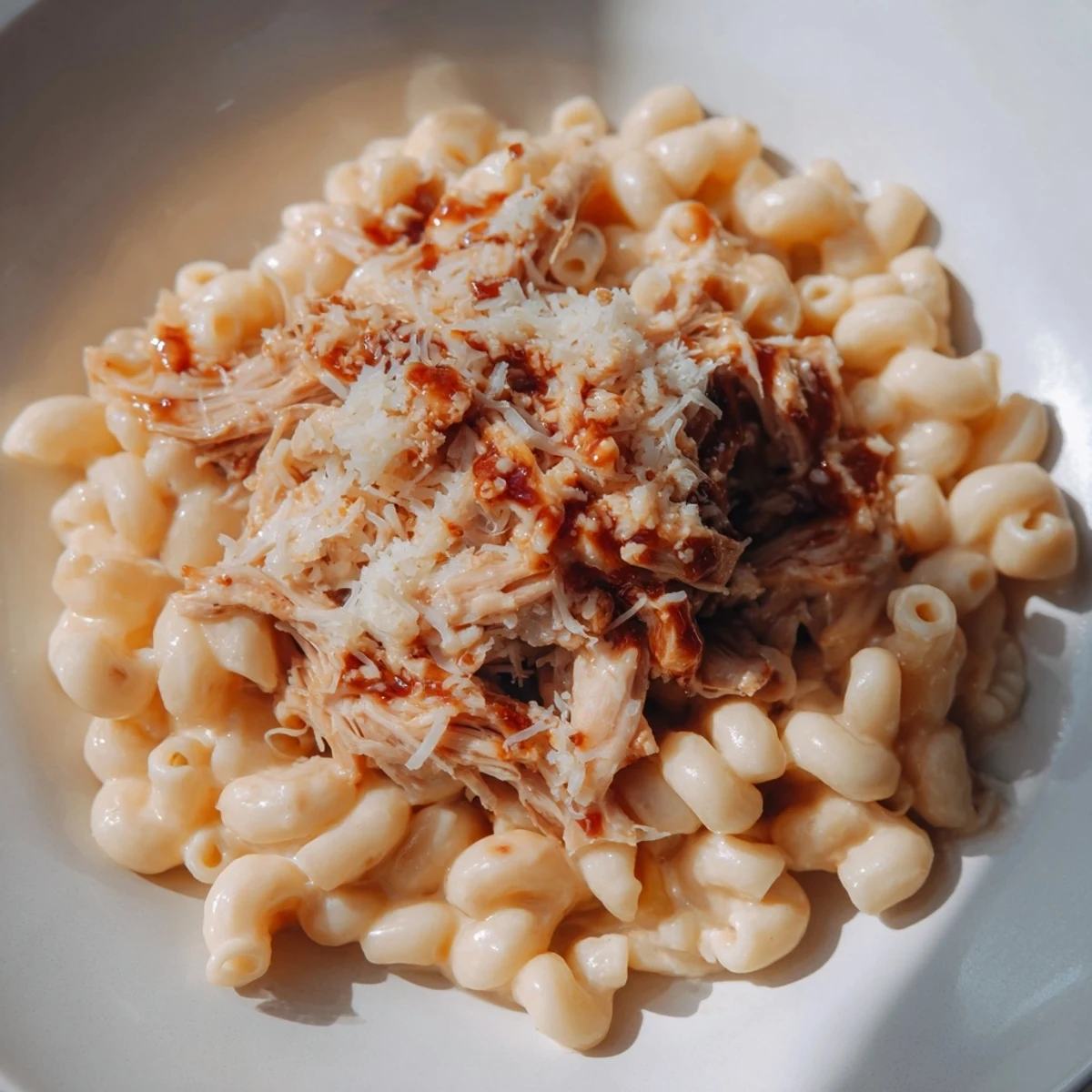 Creamy classic mac & cheese with BBQ chicken, baked to golden perfection.  