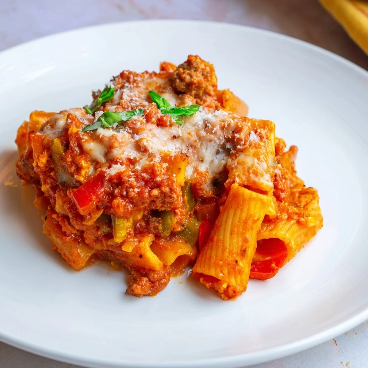 Baked rigatoni with sausage and peppers topped with melted cheese, perfect for family dinners.  