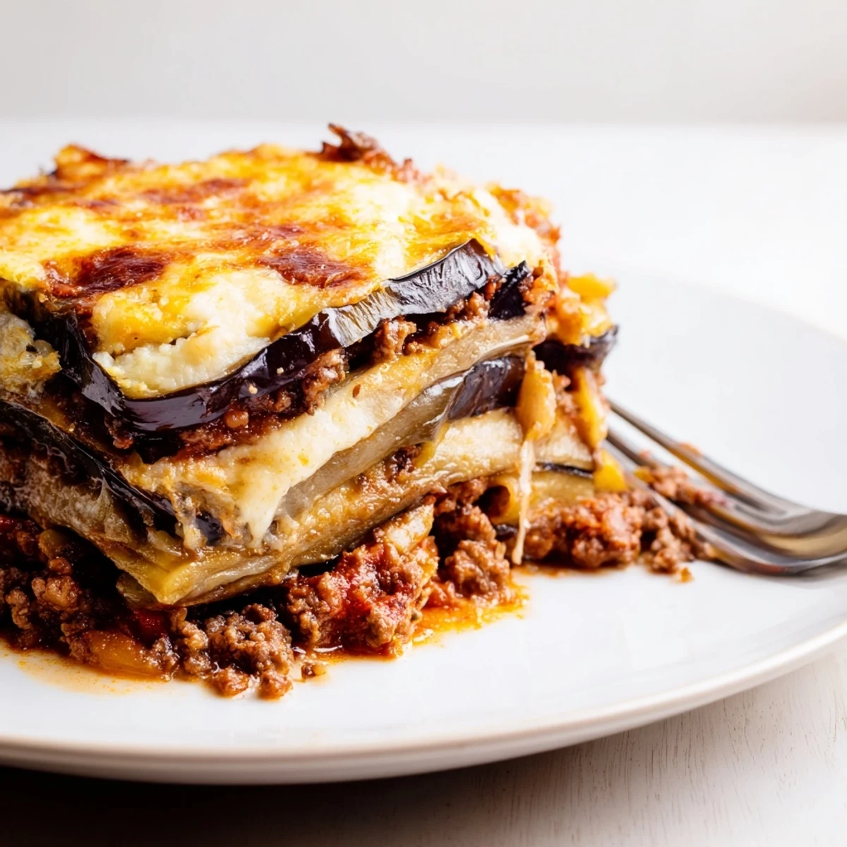 Layered Moussaka with Beef & Eggplant, rich béchamel sauce, and golden cheese topping.  