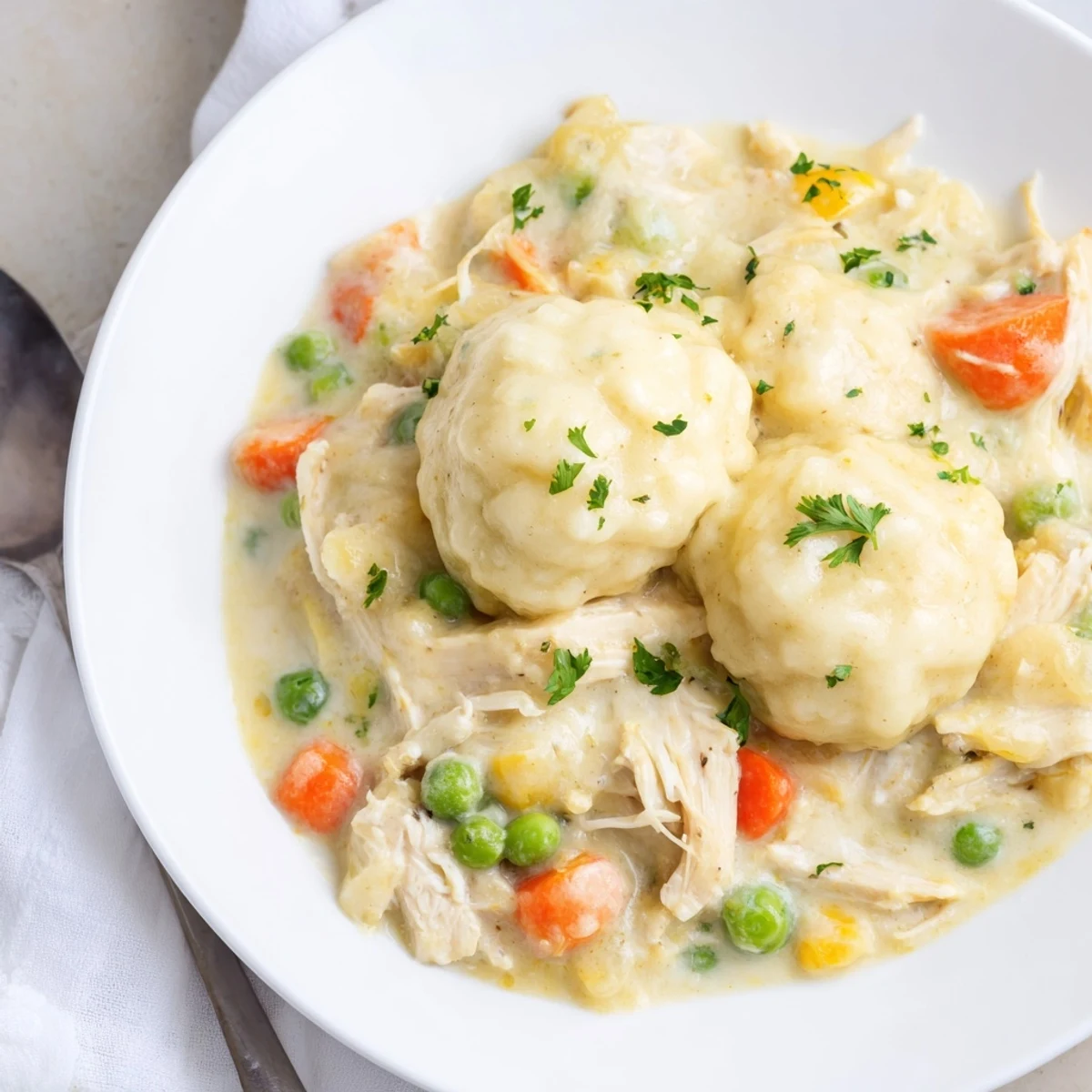 Creamy Chicken and Dumplings Casserole topped with fluffy, golden dumplings and herbs.  
