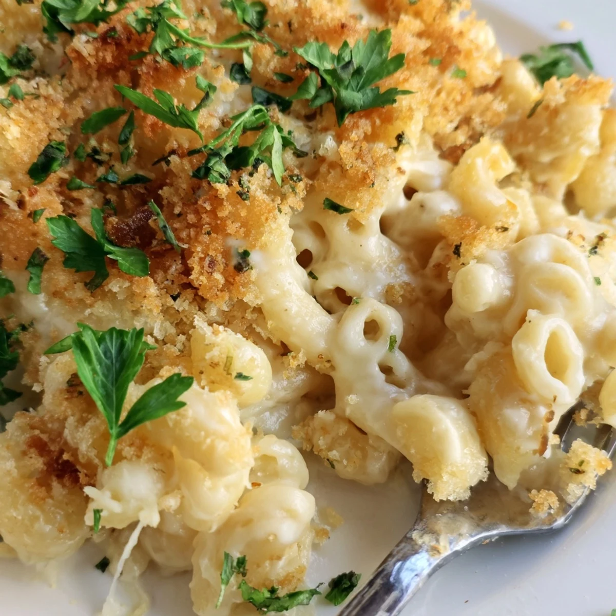 Creamy Truffle Macaroni & Cheese topped with golden, crispy panko breadcrumbs.   