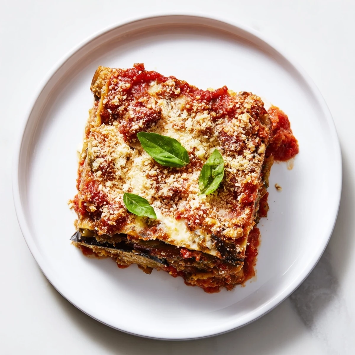 Golden-brown eggplant slices baked to perfection in creamy Eggplant Parmesan Lasagna.  