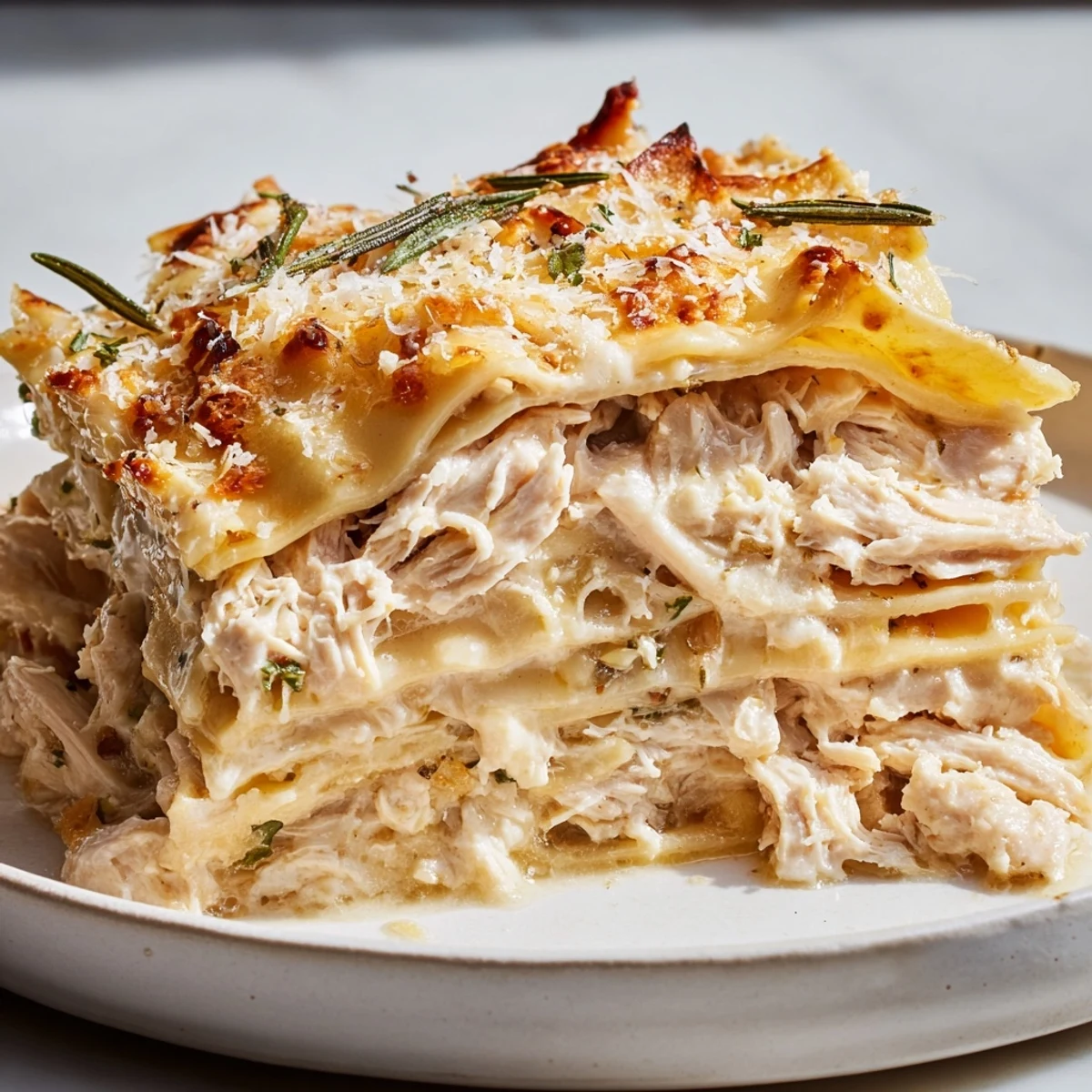 Savory rosemary chicken lasagna, packed with tender chicken and fresh herbs, ready to be devoured.