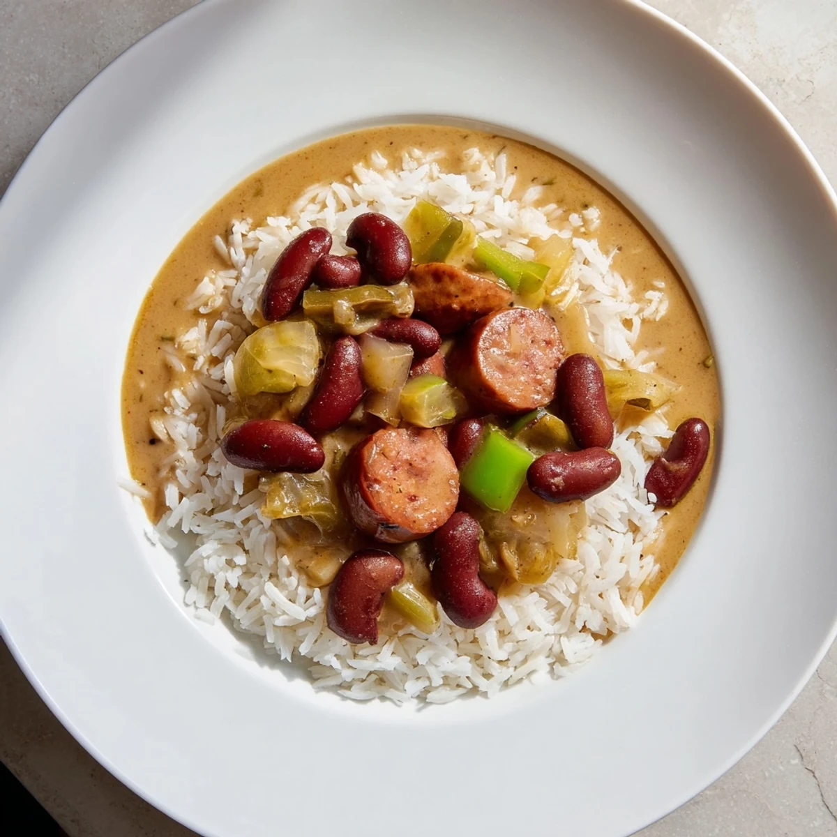 Steaming bowl of Red Beans & Rice, showcasing the creamy beans and savory sausage.