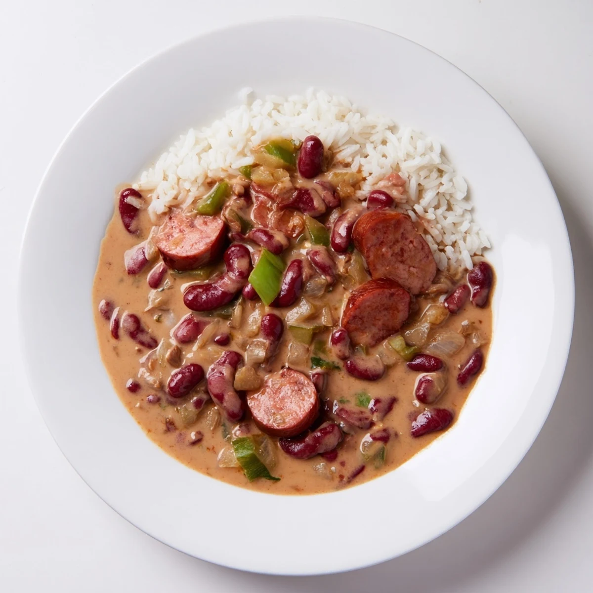 Hearty Red Beans & Rice, served atop fluffy white rice, ready for a comforting, flavorful dinner.