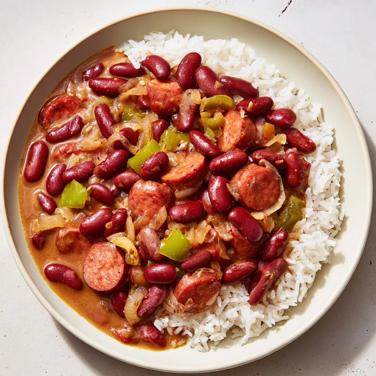 Close-up of the delicious Red Beans & Rice, with visible ingredients and a final garnish of fresh herbs.