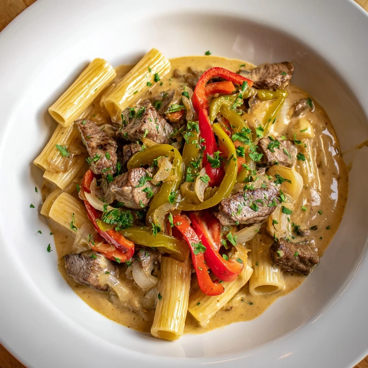 Delicious Philly Cheesesteak Pasta, a creamy comfort food dish with tender steak and cheese.