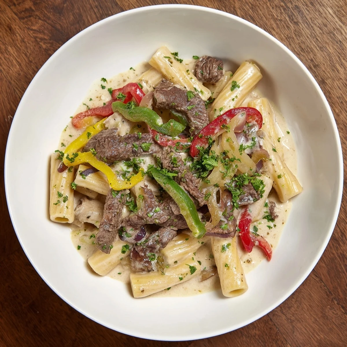 This homemade Philly Cheesesteak Pasta features savory steak and a rich cheese sauce perfect for dinner.